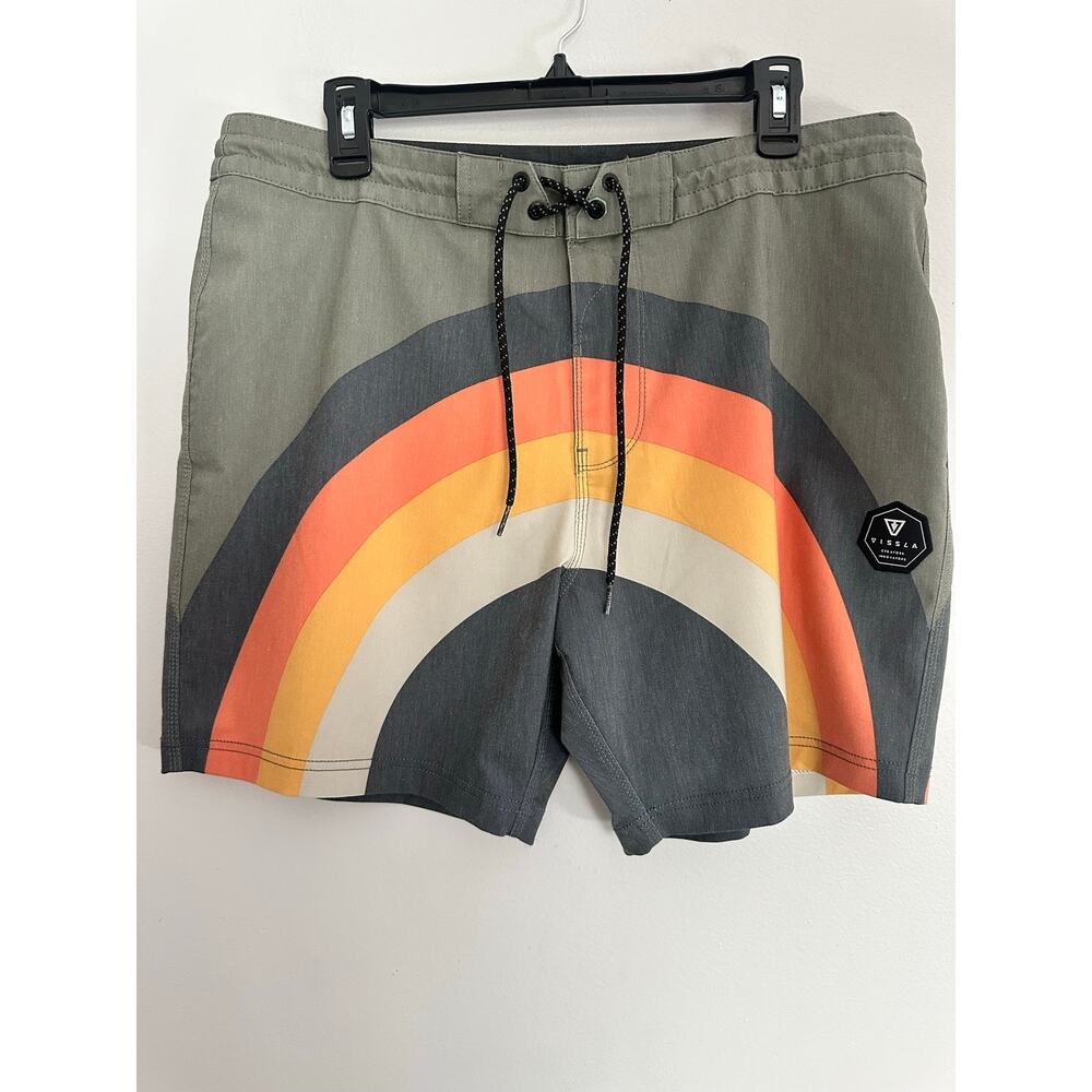 VISSLA Boardshorts SwimTrunks Size Large Gray Stripes Recycled Poly Cotton 36 XL